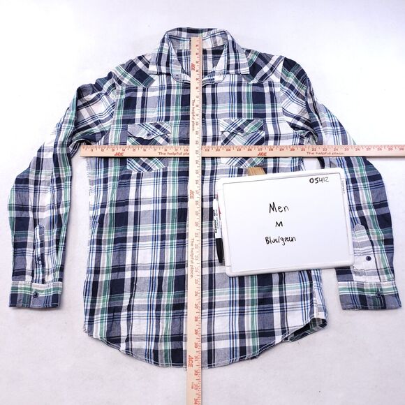 Mossimo Madras Flannel Casual Button Up Shirt Mens Size Medium M Green Blue - Picture 6 of 10